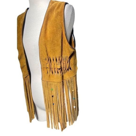 Vintage Hand Sewn 70's Hippie Suede Leather Fringed Beaded Vest Unisex Medium - Picture 5 of 6